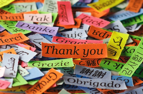 An image of thank you messages in different languages on bright colored paper